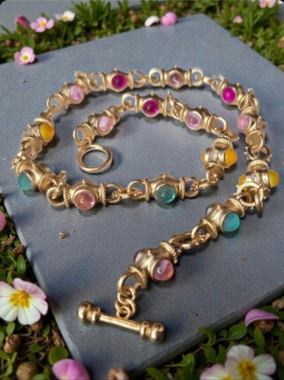 18k Matte Gold Byzantine Frosted Pastel Cabochon Toggle Necklace - Picture 5 of 5